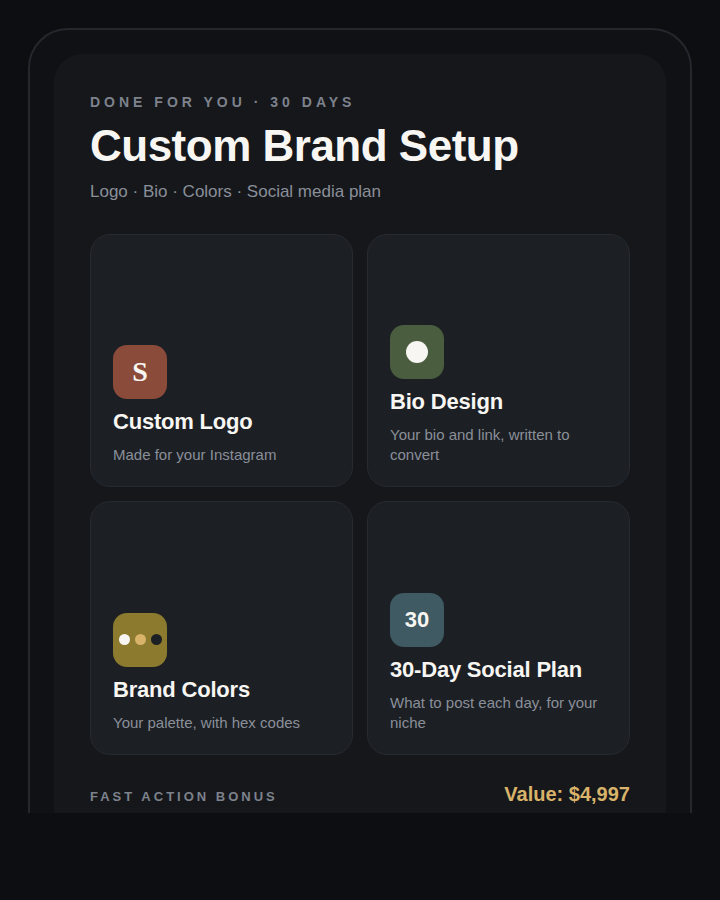 The Custom Brand Setup card: custom logo, bio design, brand colors and a 30-day social media plan